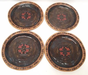 4 Handmade Pottery Clay Stoneware Salad Plates Aztec Mexico Signed - Picture 1 of 5