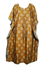 Boho Maxi Kaftan Dress Recycle Silk Gold Beach Cover up Kimono Cruise Dresses
