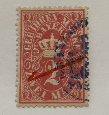 EARLY BAVARIA GERMANY GEBUHR-MARKER REVENUE FISCAL STAMP WITH NICE BLUE CANCEL - Image 1 of 3