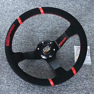 14"Universal Mugen Racing Four Red Ring Suede Leather Deep Dish Steering Wheel - Picture 1 of 2