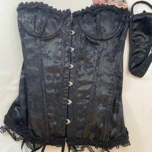 Tapiz Bustier/G-String M Negro Satinado Doble Cordones Espalda Renacimiento Feria Nuevo con Etiquetas - Imagen 1 de 5