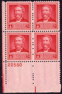 Scott #875 Dr. Crawford Long (Ether) Plate Block of 4 Stamps - MNH P#22550 - Image 1 of 2