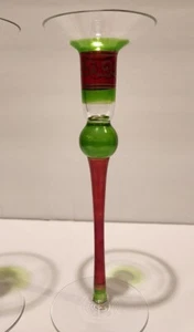 Set Of 14" Tall Hand Blown Glass Red & Green Taper Candlestick - Picture 1 of 5