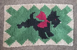 1950's Hollywood Regency Pom-Pom Hand Hooked Rug Black Scotty Dog with Red Scarf - Picture 1 of 6