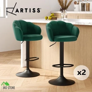 Artiss Set of 2 Bar Stools Kitchen Stool Swivel Chair Gas Lift Velvet Chairs Gre - Picture 1 of 12