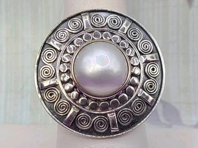 Anillo vintage de plata de ley 925 estilo Bali perlas blancas talla 7,75 Foto 1 de 4