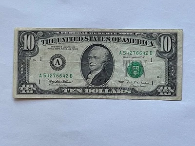 $10 Dollar FRN Note 1995 series A54276642B Vintage US Currency Green Seal RARE A - Image 1 of 2