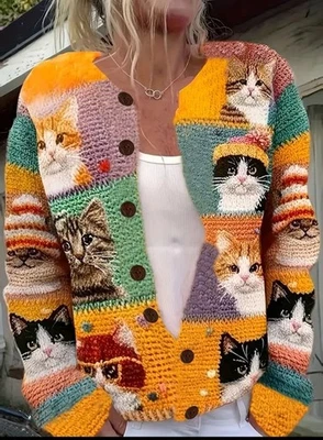 Women’s 14 XL Orange Christmas Cat Sweater Ugly Party Funny Cardigan - Image 1 of 4