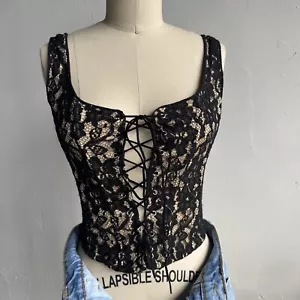 90s Black Lace Corset Top Vintage Lace Up Zip Corset Bustier XS/S Unyx - Picture 1 of 16