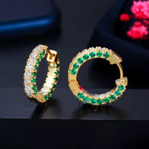 Green Pave Cubic Zirconia 18k Gold Round Circle Small Hoop Earrings Cute Jewelry - Picture 1 of 10