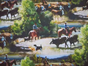 Western Fabric By Half-Yard Cowboys Cattle Drive Scenic Steer Horses Cotton - Picture 1 of 2