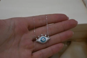 Real Diamond Evil Eye Necklace Natural Diamond With 14K Real White Gold - Picture 1 of 20