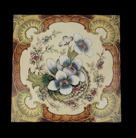 Antique 1880s English Colorful Transferware Floral Tile Cover