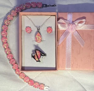 Hot Pink Fire Opal Teardrop Necklace, Earrings, Bracelet, & BGF Ring Size 7 Set - Picture 1 of 8