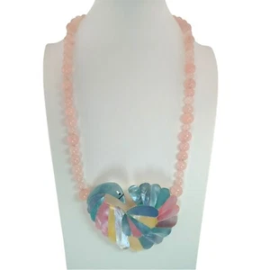 Mother of Pearl Carved Bird Necklace Rose Quartz Bead Pink Blue Yellow 9.5" Drop - Picture 1 of 9