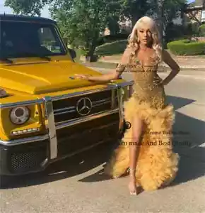 Funkelndes Gold Diamanten Meerjungfrau Ballkleid Strass Rüschen Schlitz Abendkleider - Bild 1 von 3