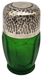1905 ANTIQUE English Hammered Sterling Silver / Green Glass Jar Bottle ~ A & J.Z - Picture 1 of 5