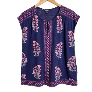 Lucky Brand Linen Blend Top Size M Womens Blue Pink Multi Print Boho Floral - Picture 1 of 8