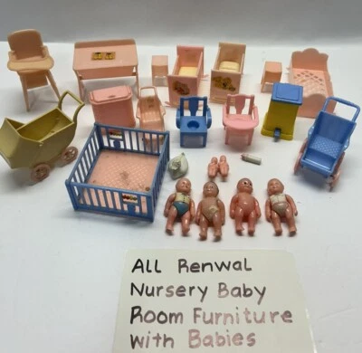 Vintage ALL RENWAL MARKED Plastic Dollhouse Furniture Lot Nursery Room Babies - Image 1 of 4