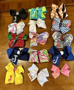 Lot Of 15 “J” Monogrammed Hair Bows In A Variety Of Pattens/colors EUC - Picture 1 of 11