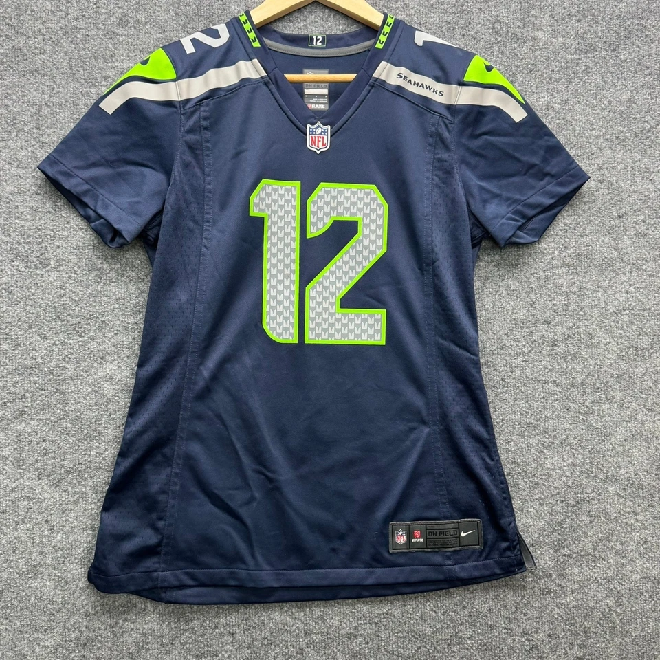 耐克海鹰队球衣女式 M 码海军蓝绿色 12 球迷 NFL 足球上衣 — 第 1/4 张图片