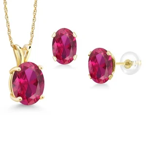 14K Yellow Gold Created Ruby Pendant and Earrings Jewelry Set For Women | 5.50 - Picture 1 of 3