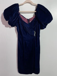 Vintage Y2K Samtkleid 7/8 blau Puffärmel Whimsigoth Urlaub Abschlussball Party USA - Bild 1 von 14