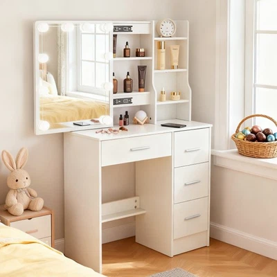 Tocador Escritorio Moderno con 10 Luces LED Espejo y 4 Cajones Tocador Blanco Foto 1 de 4