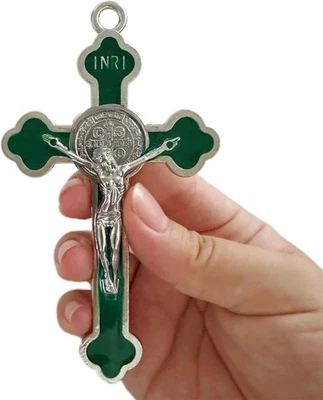 Antiguo arte de pared de metal crucifijo de plata cruz-San Benito-5,0 pulgadas X 2,7 pulgadas Foto 1 de 4