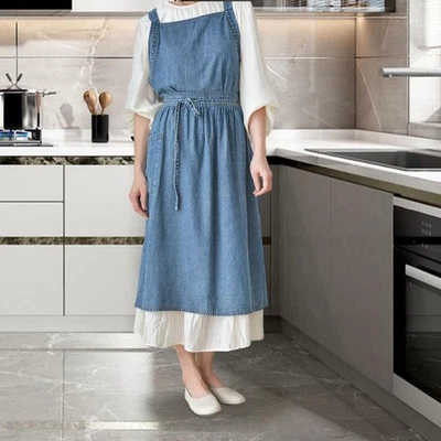 Denim Apron with Pockets Comfortable Cross Back for Grilling Hairstylist Cooking - Image 1 of 4