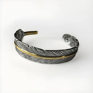 Feather Bangle Bracelet 925 Sterling Silver Adjustable Bangle Vintage Style Men - Picture 1 of 12