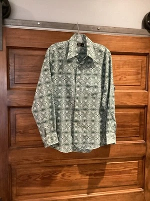 VTG 60s 70s JC Penny Silky Polyester Shirt M 15-15 1/2 L Brown Geo Print Disco - Image 1 of 4