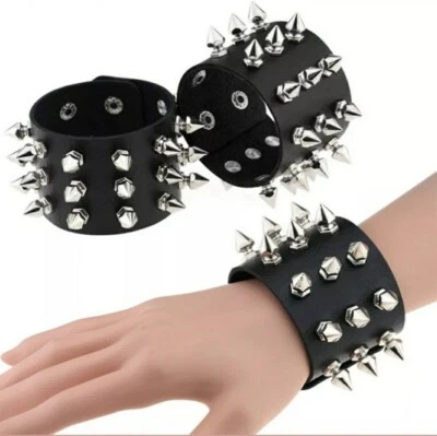 Unisex Black Spike Studded Punk Rock Biker Wide Strap Leather Bracelet USA - Image 1 of 4