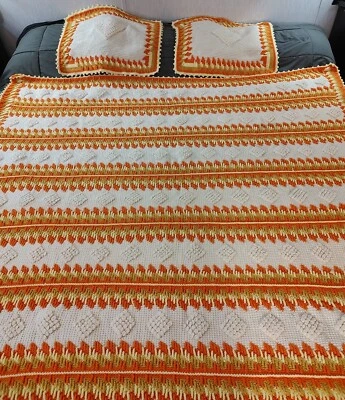 复古手工钩针毯阿富汗带匹配枕头套 72"X 72"MCM — 第 1/4 张图片