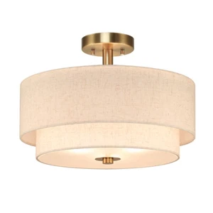 16inch Semi Flush Mount Ceiling Light Double Drum Light Fixture with Linen Shade - Picture 1 of 7