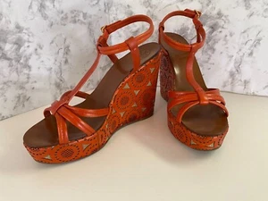 Tory Burch Ida Cutout Wedge Orange Leather Sandals - Size 11 - Picture 1 of 5