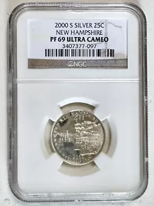 Rare 25 Cents 2000 S New Hampshire NGC Certified PF69 Ultra Cameo Silver Quarter - Picture 1 of 3