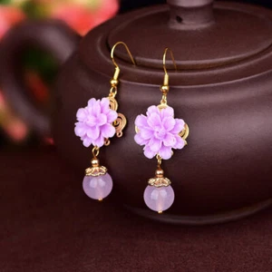 Purple Jade Flower Earrings 925 Silver Natural Jewelry Accessories Women - Picture 1 of 5