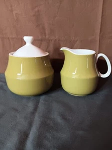 Vintage Mikasa Cera-stone Creamer And Sugar Set With Lid Green And White - Picture 1 of 6