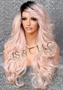 Human Hair Blend Full Wig Long Pink Mixed wavy Heat OK WBVA Rosegold - Picture 1 of 6