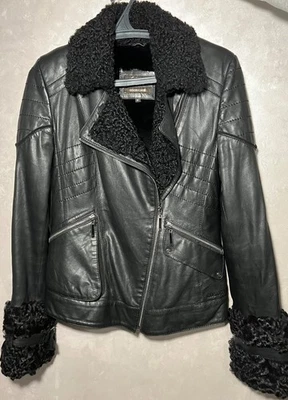 Roberto Cavalli Shearling Fur Leather Jacket Women’s Long Sleeve Zipper Black S - Image 1 of 4
