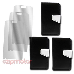 3X WALLET CASE COVER+SCREEN PROTECTOR STAND PU LEATHER BLACK GALAXY SIV S4 I9500 - Photo 1 sur 2