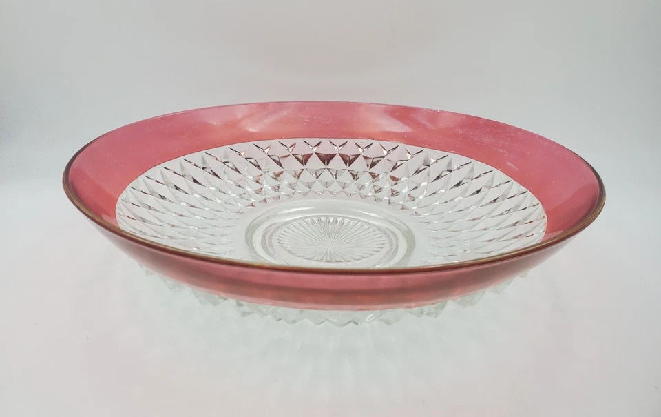 13.5” Indiana Glass Crystal Diamond Point Ruby Stain Chip Salad Serving Bowl Vtg - Image 1 of 4