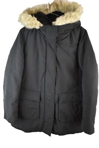 UNIQLO Black Parka Coat size M Womens Full Zip Faux Fur Hooded Jacket Winter - Picture 1 of 9