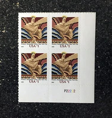 2003USA #3766 $1.00 Wisdom Rockefeller Center - Plate Block of 4 (#P22222)  Mint - Image 1 of 2