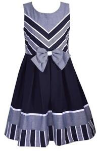 NEW Bonnie Jean Girls Size 8 "NAVY BLUE CHAMBRAY STRIPE" Nautical Bow Dress NWT