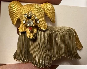 Vintage SKYE TERRIER Brosche Anstecknadel strukturiert goldfarben figürlich Strass - Bild 1 von 6