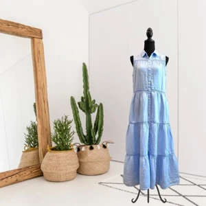 120% Lino 44 = M Linen Button Front Sleeveless Tiered Midi Dress Light Blue - Picture 1 of 14