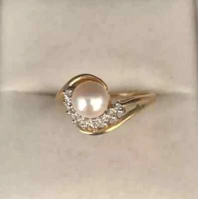 Anillo de regalo de Navidad de diamantes redondos de perlas de 2,10 quilates enchapado en oro amarillo de 14 quilates Foto 1 de 4