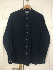 Universal Works Shirt Size Medium Navy Blue Grandad Collar 100% Cotton Oxford